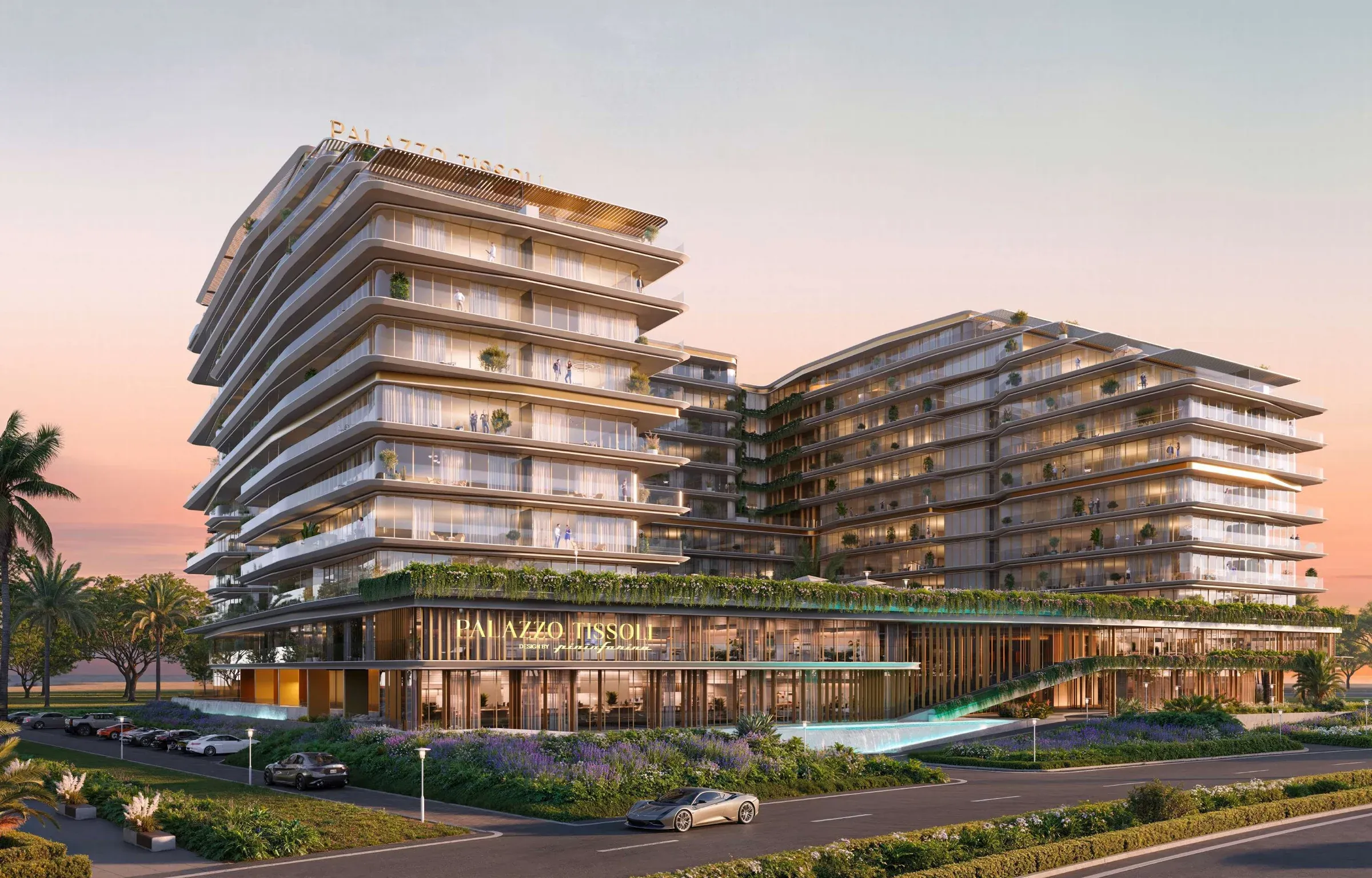 Front exterior of Palazzo Tissoli with curved terraces and landscaped arrival frontage on Al Marjan Island