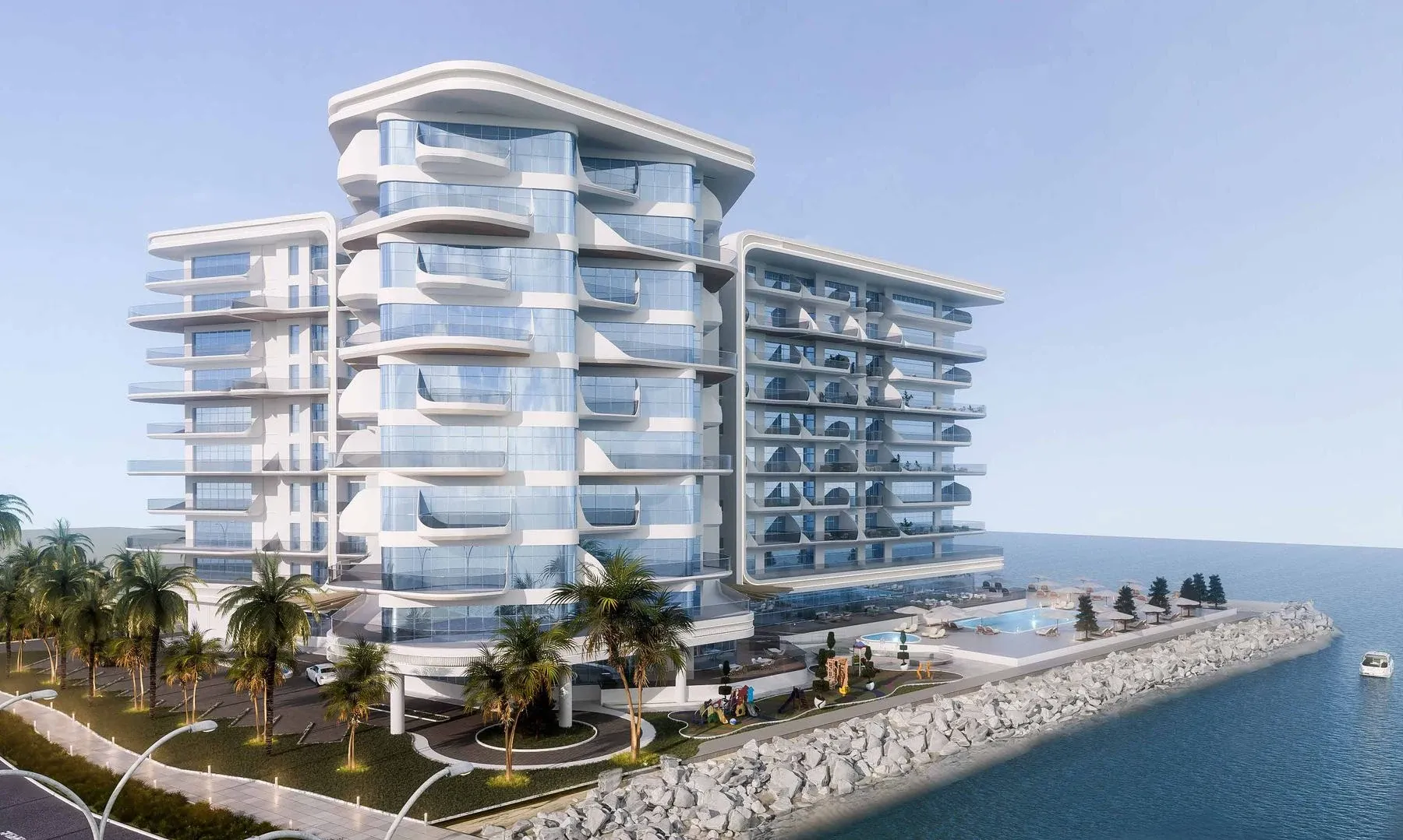 Waterfront arrival rendering of Fortune Bay Residences by Topero Properties on Al Marjan Island
