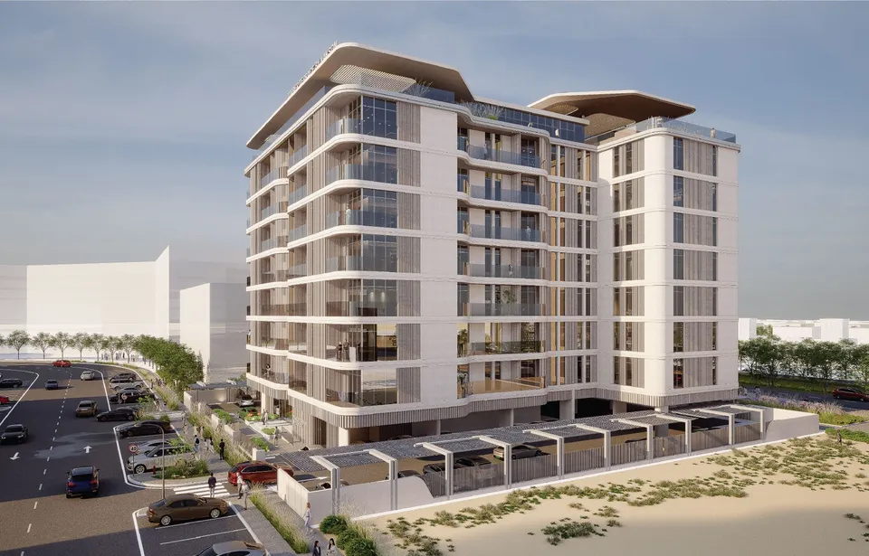 Exterior view of the Timber Terrace apartment building in Dubai South by Vakson Development