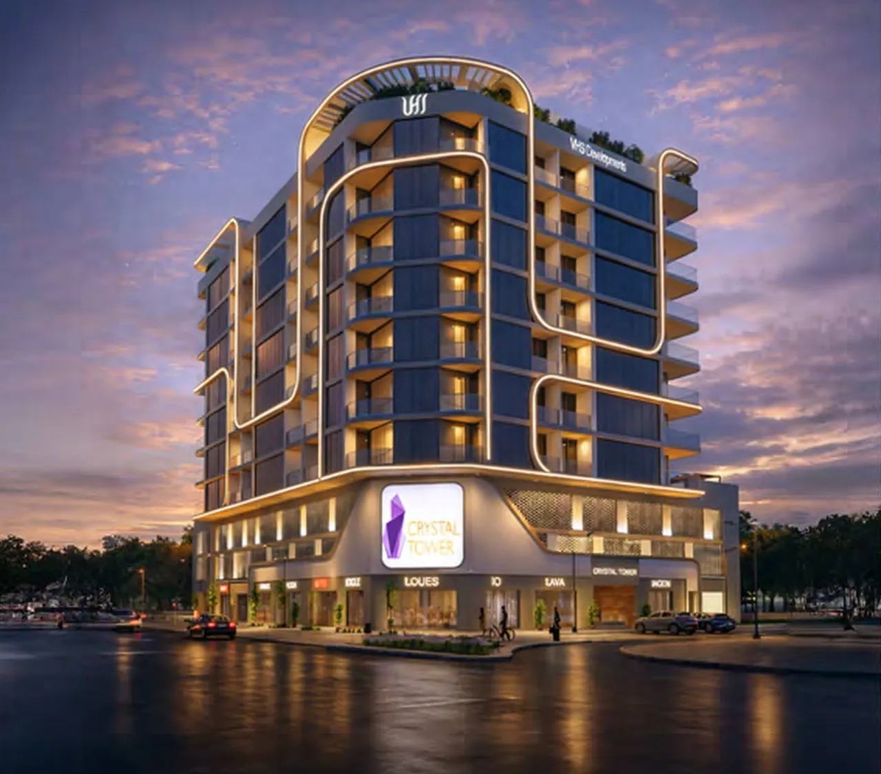 Crystal Tower exterior with curved balconies and illuminated ground-floor frontage by VHS Developments