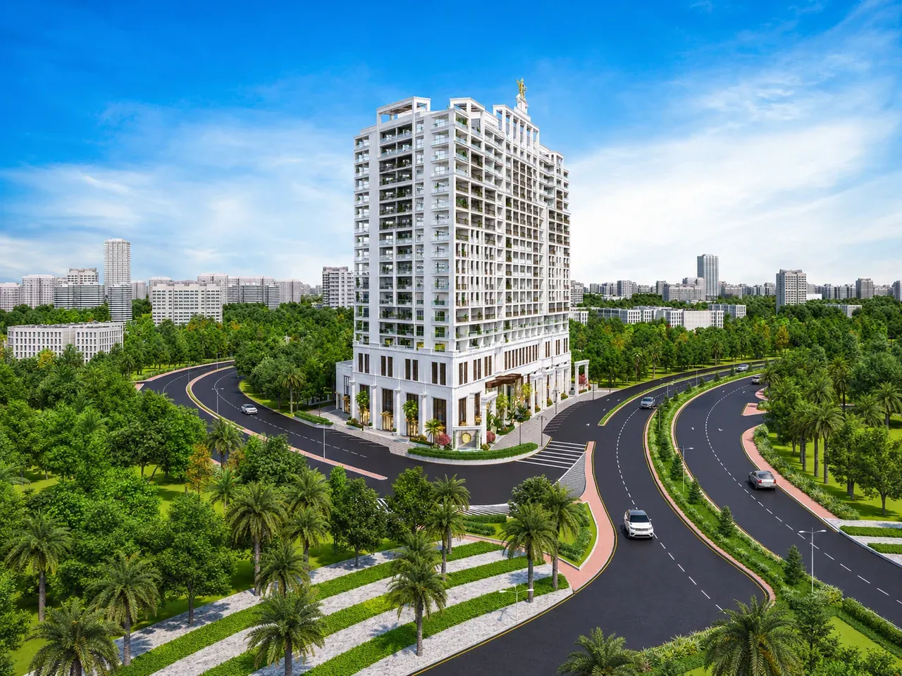 Rendering of Vincitore Wellness Estate surrounded by landscaped green spaces in Dubai