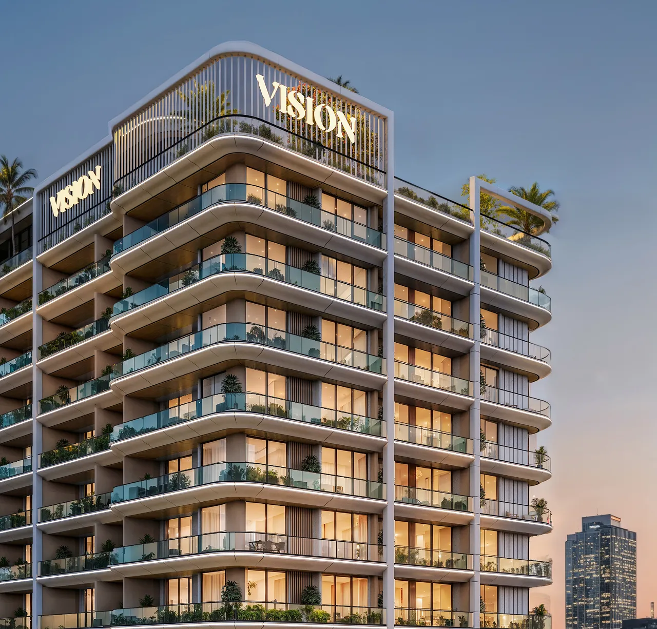 Street-facing exterior of the Vista by Vision tower in Dubai Production City by Vision Developments