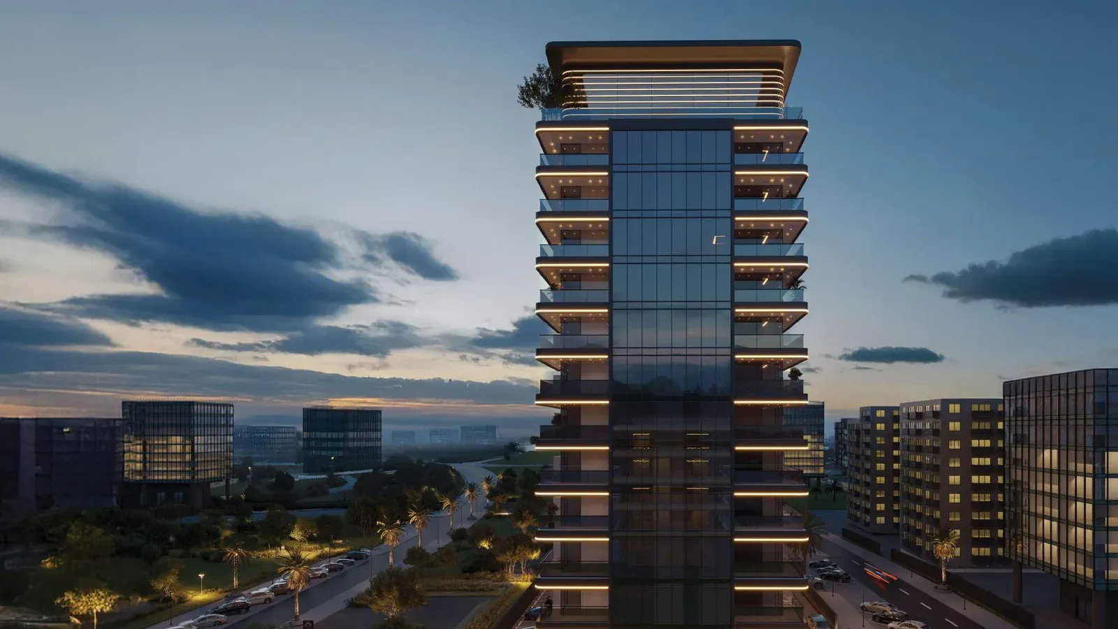 Wadi Hills residential tower at dusk in Wadi Al Safa, Dubai