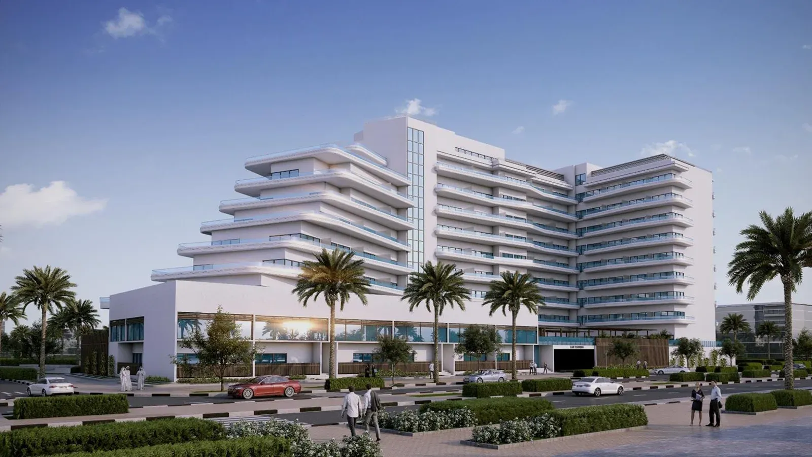 Curved residential facade and landscaped frontage at Yas Bay, Abu Dhabi