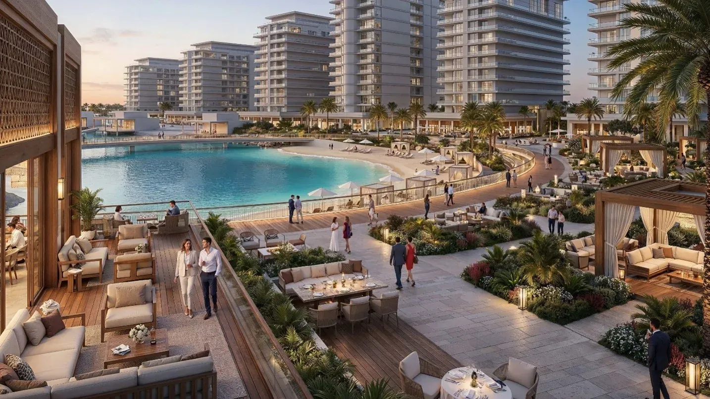 Official Aldar render of Yas Point's waterfront promenade, beach, landscaping and residences on northern Yas Island