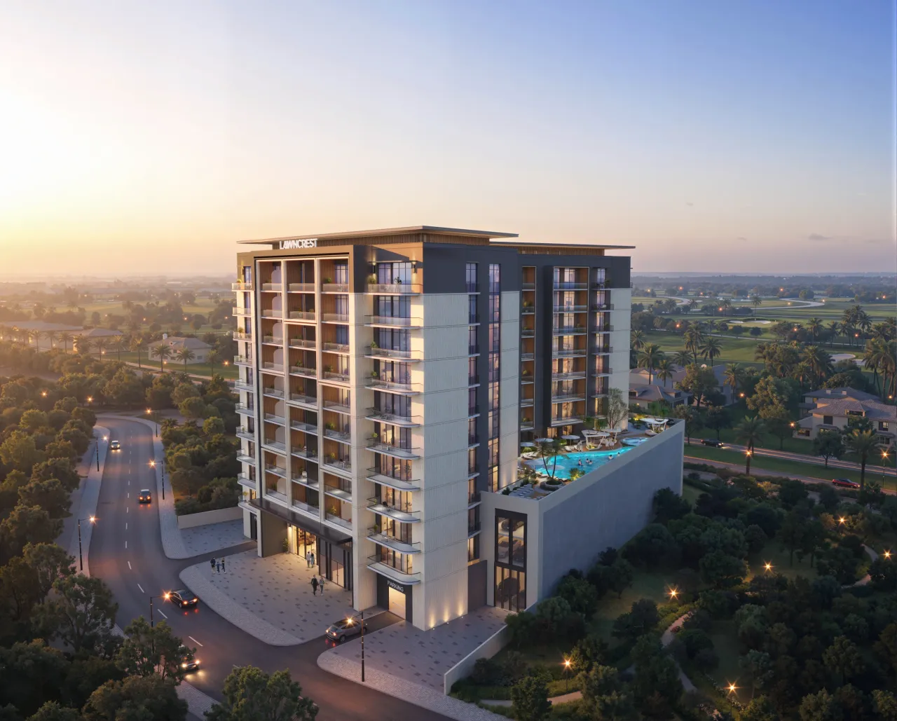 Lawncrest residences and landscaped podium at sunset in Dubai Production City by Zimaya Properties